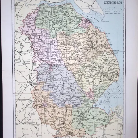 Lincolnshire 1894 Antique Coloured 130 Years-Old Map.