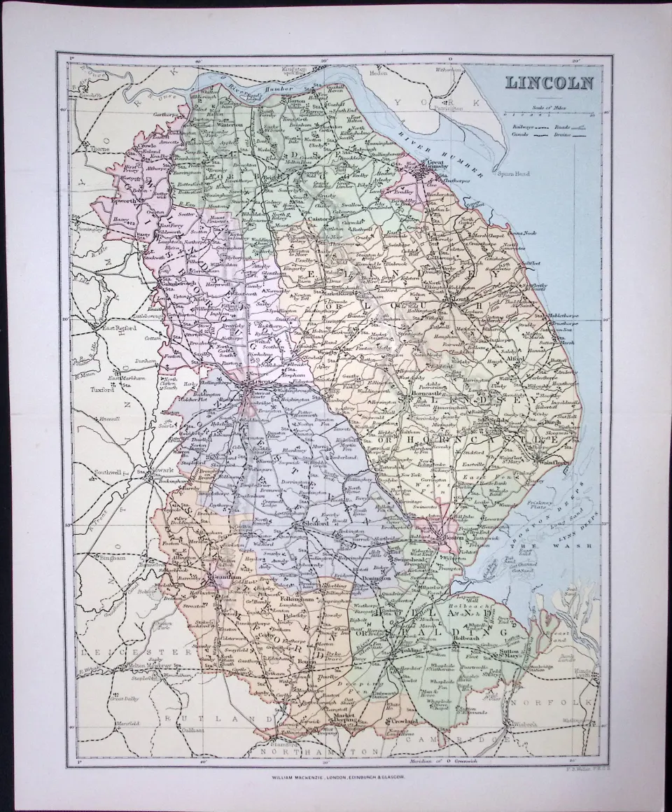 Lincolnshire 1894 Antique Coloured 130 Years-Old Map.