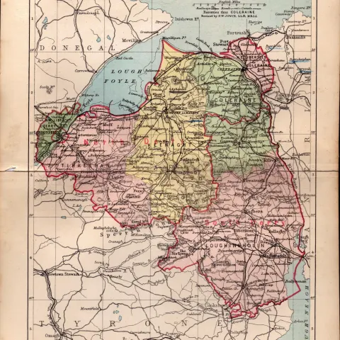 County of Londonderry Ireland Antique Detailed Coloured Victorian Map.