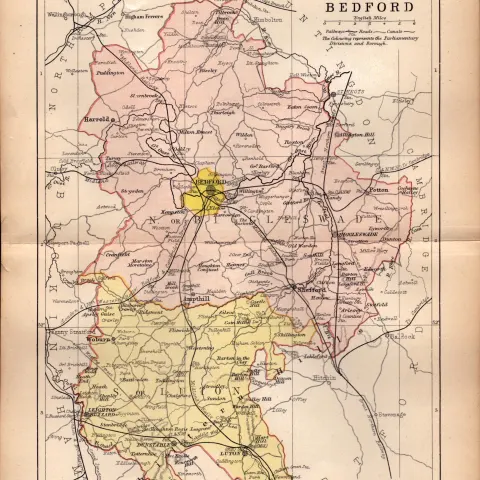 County Of Bedfordshire 1895 Antique Victorian Coloured Map.