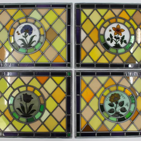 Set of 4 Vintage Leaded Stained Glass Hand Painted Panels