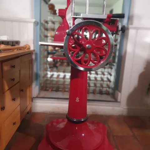 Berkel Style Meat Slicer Steel Pedestal. Hand painted gold detail with lockable castors