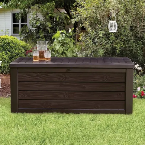 (18/Mez/P11) RRP £170. Keter Westwood Outdoor Garden Storage Box Brown. 570L Capacity. Decorative W