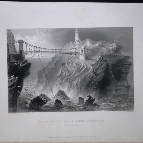 Holyhead Lighthouse Bridge Wales WH Bartlett 1842 Antique Steel Engraving-100