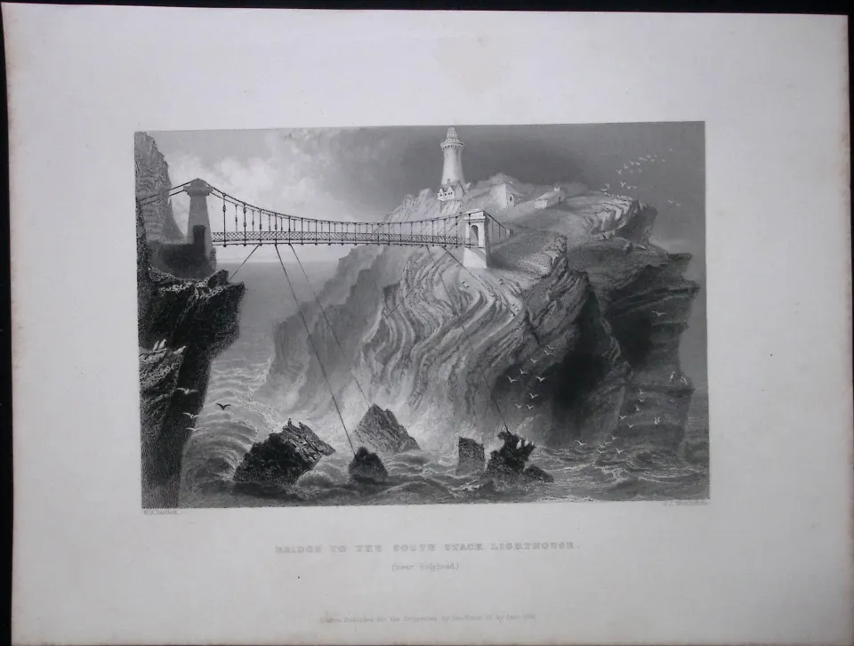 Holyhead Lighthouse Bridge Wales WH Bartlett 1842 Antique Steel Engraving-100