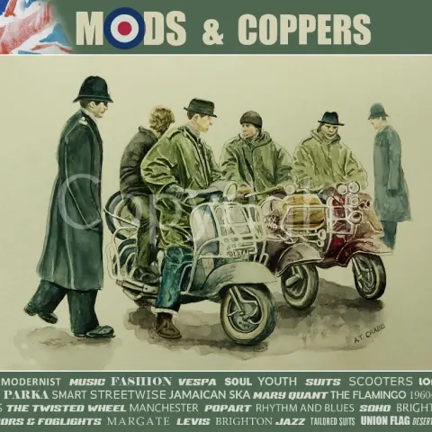 Mods and Coppers Clash Nostalgic 1960's Scene Large Metal Wall Art