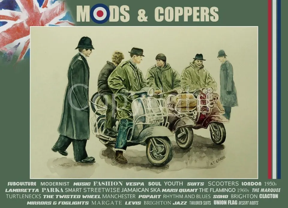 Mods and Coppers Clash Nostalgic 1960's Scene Large Metal Wall Art