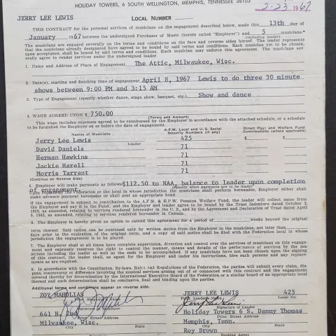 Gerry Lee Lewis Original Signed Contract