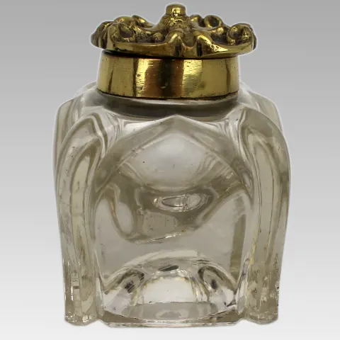 Antique Cut Glass and Brass Crown-Top Inkwell, c. 1900