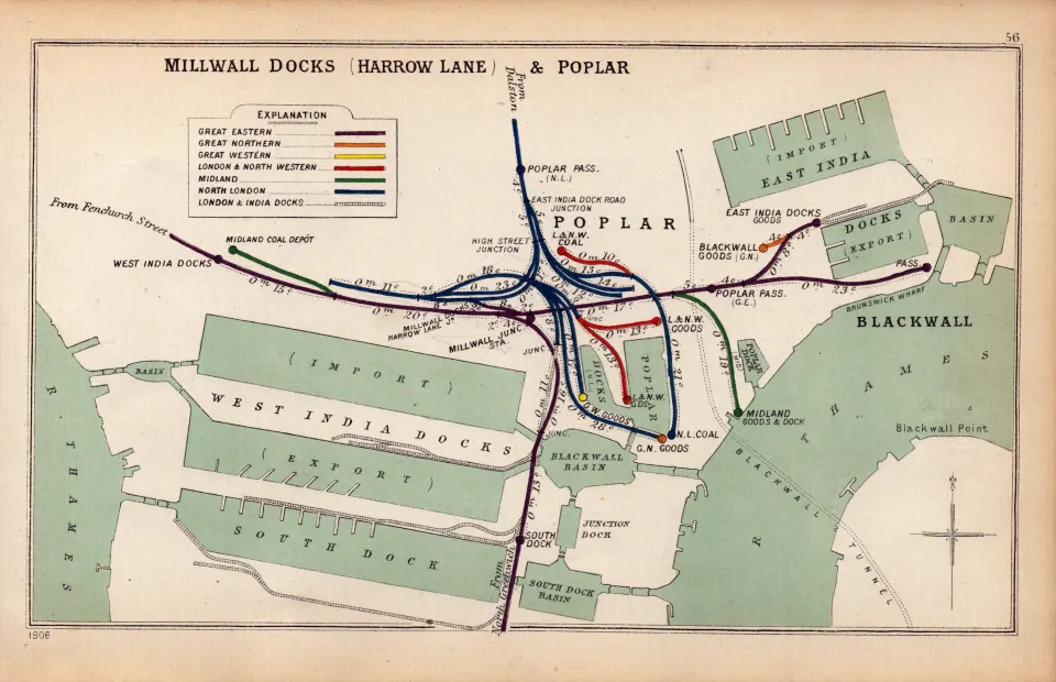 Millwall Docks Harrow Lane & Poplar London Antique Railway  Junction Diagram-56.