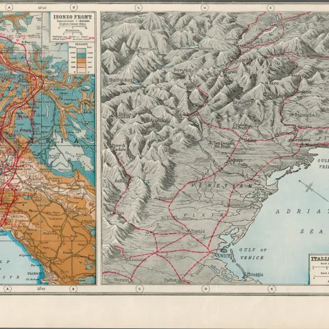 WW1 The Italian & Isonzo Front Coloured Antique Map 1922.