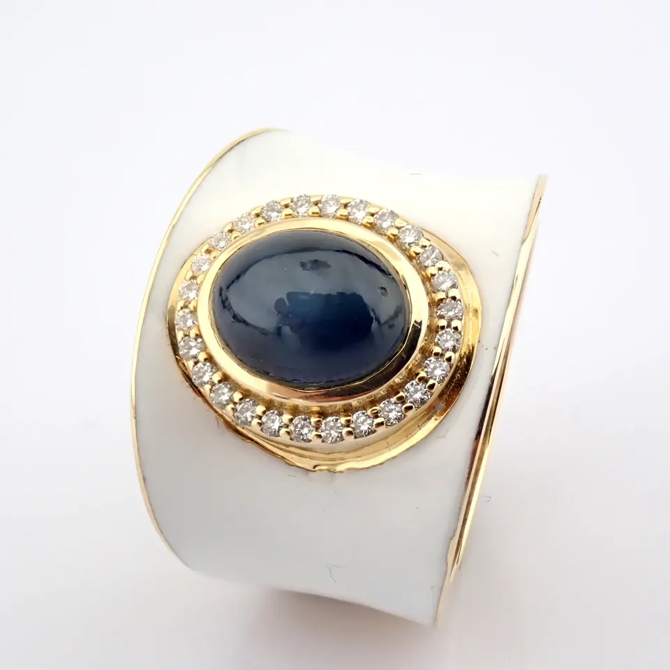 Luxurious Gold Ring With White Laser Enamel, Vibrant ''Cab'' Cut Sapphire and Brilliant Diamonds.