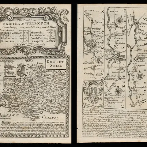 Bowen 290 Yrs Old Scarce Detailed Road Map Bristol To Weymouth Dorsetshire.