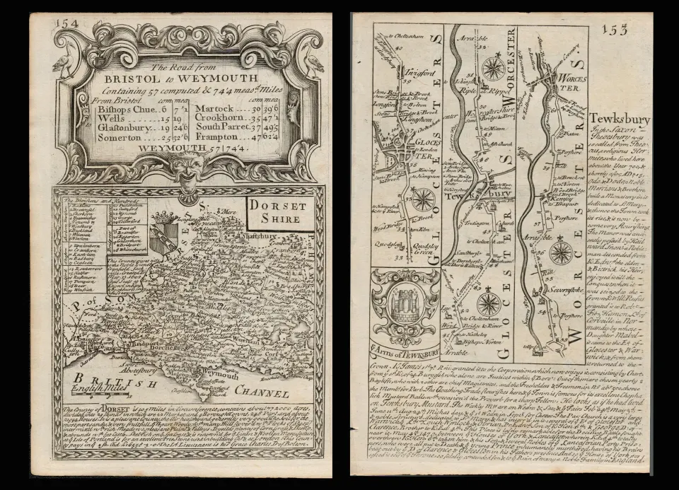 Bowen 290 Yrs Old Scarce Detailed Road Map Bristol To Weymouth Dorsetshire.