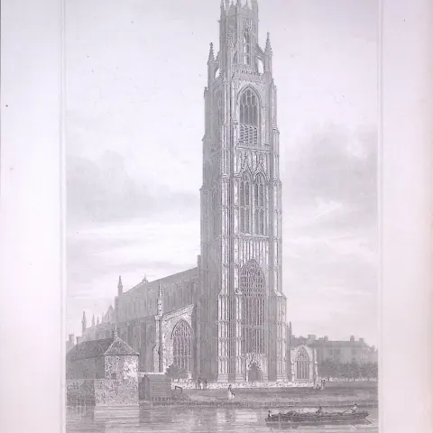Boston Tower Lincolnshire 190 Years-Old John Britton Antique Steel Engraving-324.