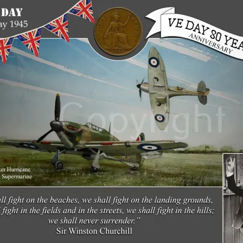 VE Day 80th Anniversary Designed Metal Art Coin Display Hawker Spitfire & Hurricane