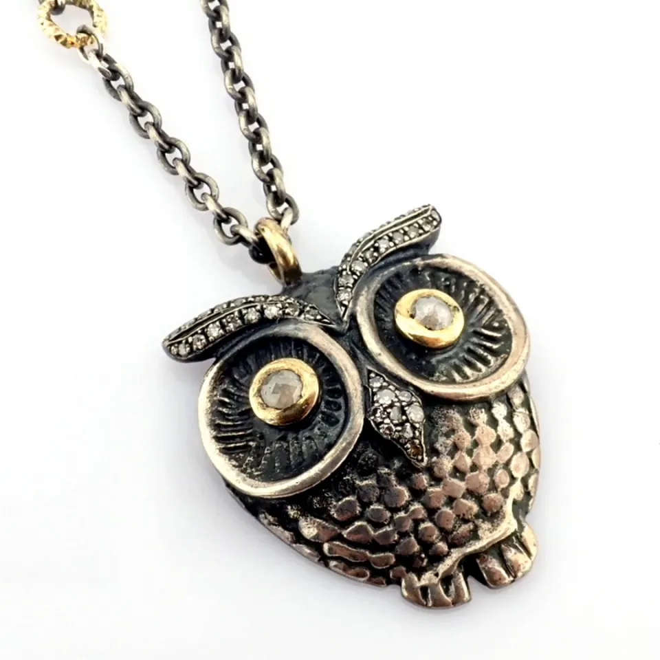Owl Necklace Detailed With Brilliant Diamonds and 14K Gold On Silver