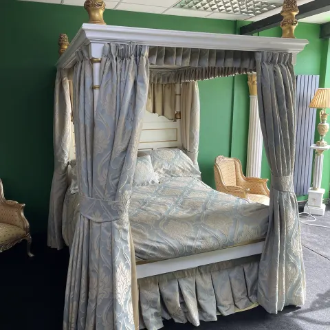 Hand Made White & Gold Painted Carved Wooden Four Poster Bed