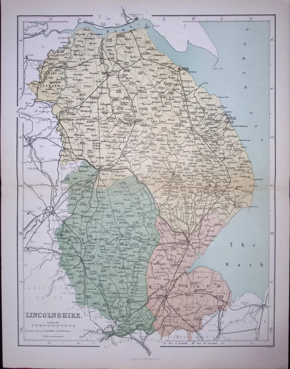 Lincolnshire 150 Years-Old 1875 Coloured Detailed Antique 1875 Map-37