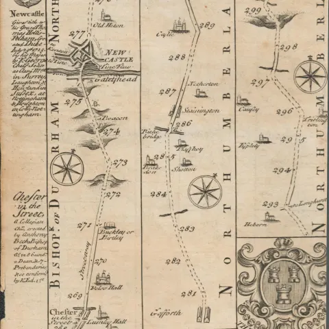 Britannia Depicta E Bowen c1730 Map Arms of the City of Durham & Newcastle.