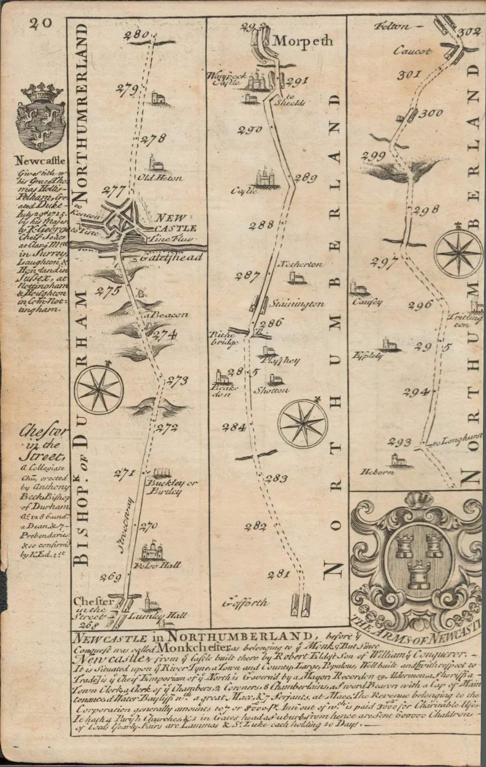 Britannia Depicta E Bowen c1730 Map Arms of the City of Durham & Newcastle.