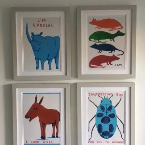 David Shrigley OBE (b 1968) ‘Safari’, Four Humorous Wall Hangings, Animal Thoughts, 2020