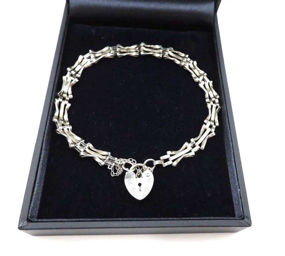 Vintage Sterling Silver Three Bar Gate Bracelet With Gift Box
