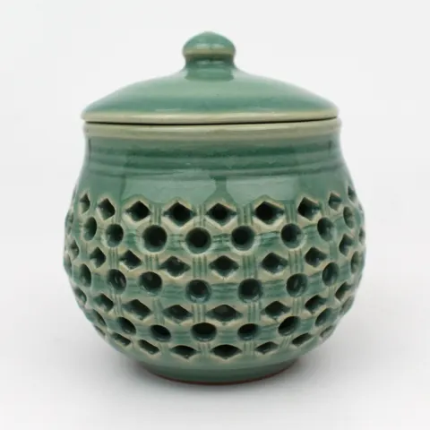 Chinese Celadon Glazed Pierced Jar with Lid