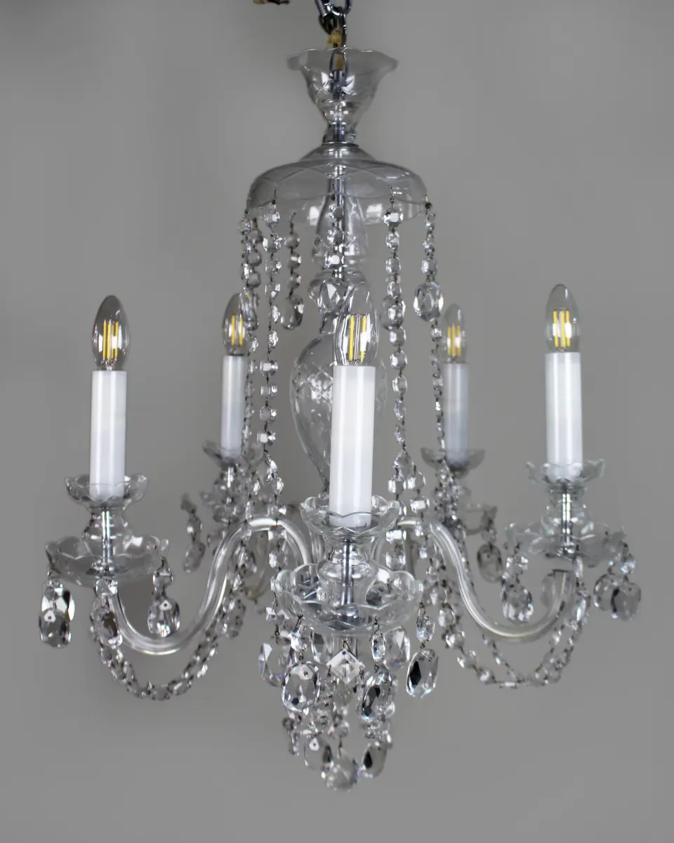 Five-Arm French Cut Glass and Crystal Chandelier, Mid-20th Century