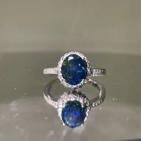 Beautiful Natural Black Opal Ring With Natural Diamond & 18k Gold
