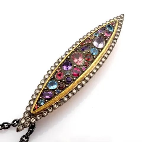 An Exquisite Brooch Or Necklace Detailed With Colour Stones, Brilliant Diamonds and Gold On Silver