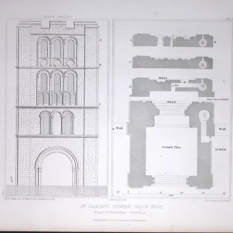 St James Tower Bury St Edmunds 190 Years-Old John Britton Antique Steel Engraving-172