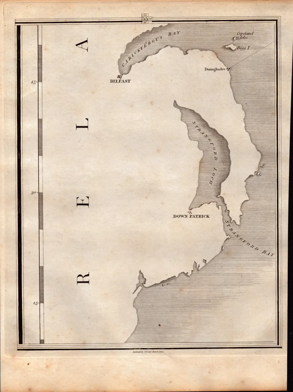 Ulster Belfast Downpatrick Strangford Loch  Ireland  John Cary’s Antique 1794 Map.