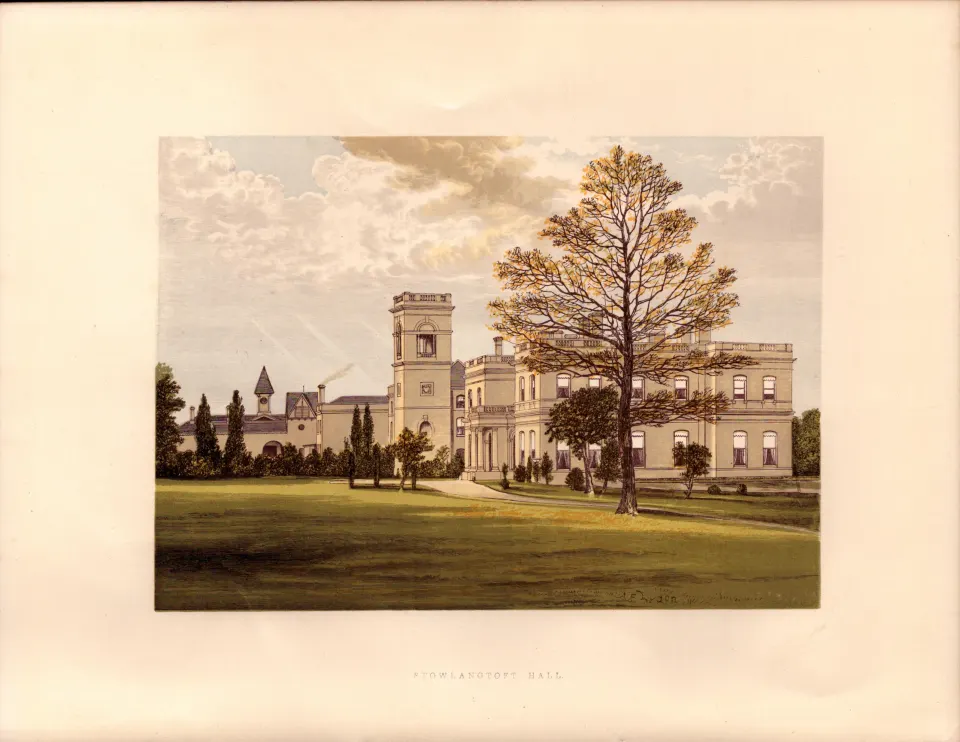 Stowlangtoft Hall Suffolk Gilt-Edge Coloured Antique Book Plate.