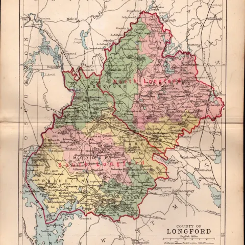 County of Longford Ireland Antique Detailed Coloured Victorian Map.