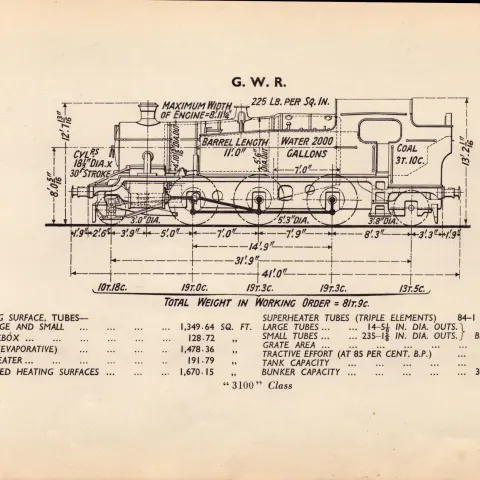 G.W.R  “3100” Class Locomotive Detailed Diagram 85-Year-Old Print-12