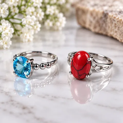 Set of Two Silver-Tone Rings with Blue & Red Stones
