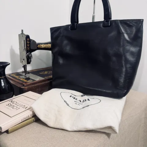 Prada Black Soft Lambskin/Nappa Leather Tote With Dual High-Gloss Black Resin Top Handles, Embossed