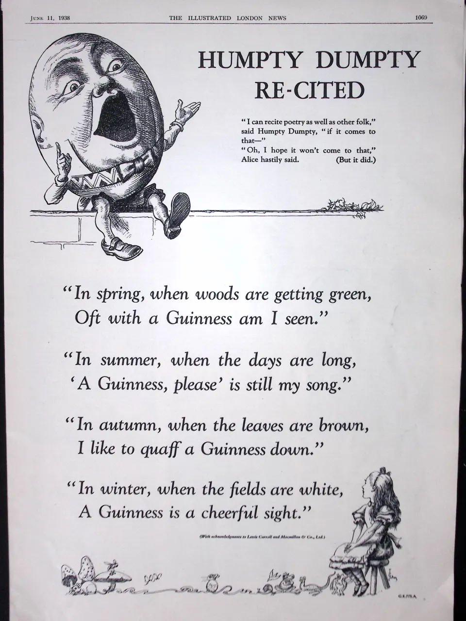 Guinness 87 Years-Old Advert 1938 Alice in Wonderland Humpty Dumpty: G.E.775-A