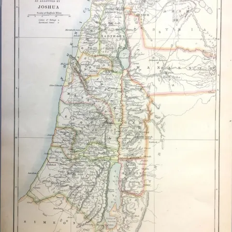 Antique Vintage Religious Map of Holy Land as allotted by Joshua.