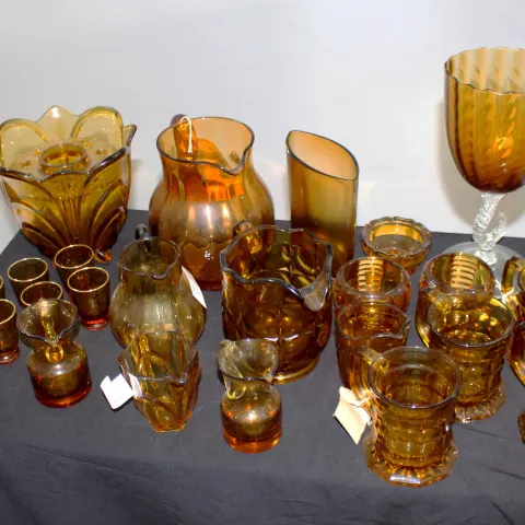 Collection of Vintage Amber Glass Vases Tankards Etc.