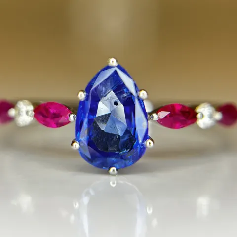 Beautiful 1.06 CT Unheated Burma Blue Sapphire With Burma Ruby, Natural Diamonds & 950 Platinum