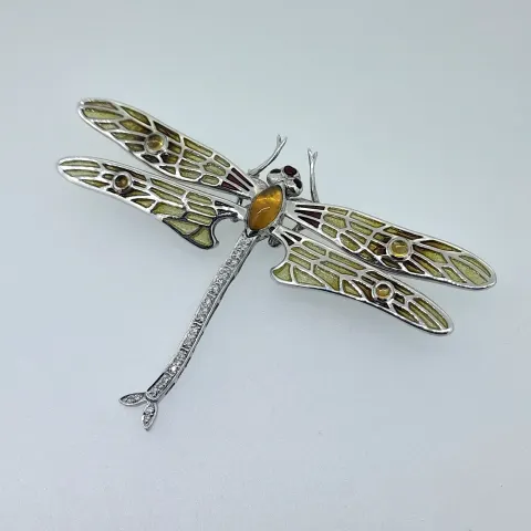 Nicole Bar Silver Enamelled Dragon Fly Broach Set With Amber and Diamonds