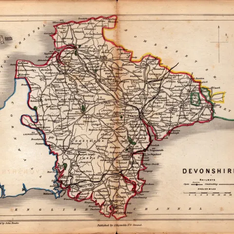 Devonshire Victorian Coloured Railway Map of Drawn & Engraved by John Emslie.