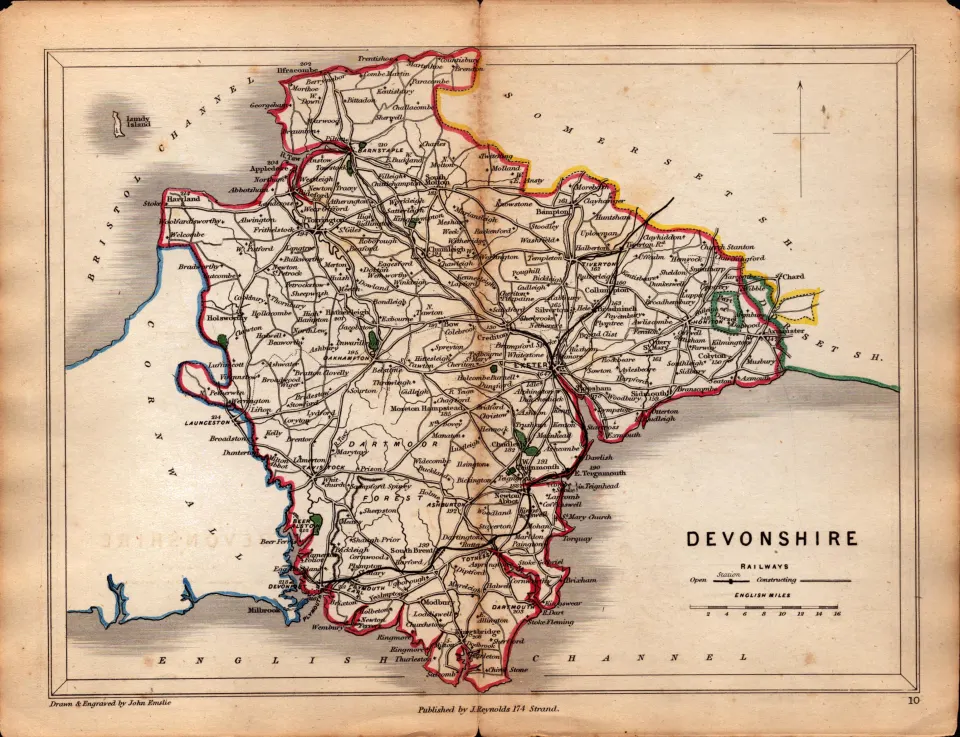 Devonshire Victorian Coloured Railway Map of Drawn & Engraved by John Emslie.