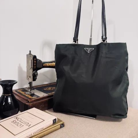 Prada Tessuto Nylon Shoulder Tote (Ref. B11213) In Moro, With Dual Black Leather Handles, Silver-Ton