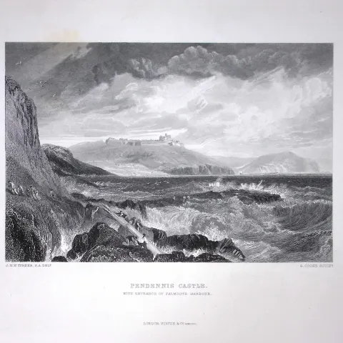 J.M.W Turner Pendennis Castle Falmouth Antique Steel Engraving-110-TR
