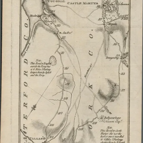 Taylor & Skinner 1777 Ireland Map Dublin to Cork Youghal Castle Martyr.