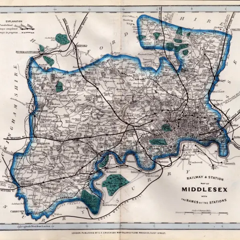 Middlesex & London Cruchley Scarce Antique Railways & Stations Coloured Map.