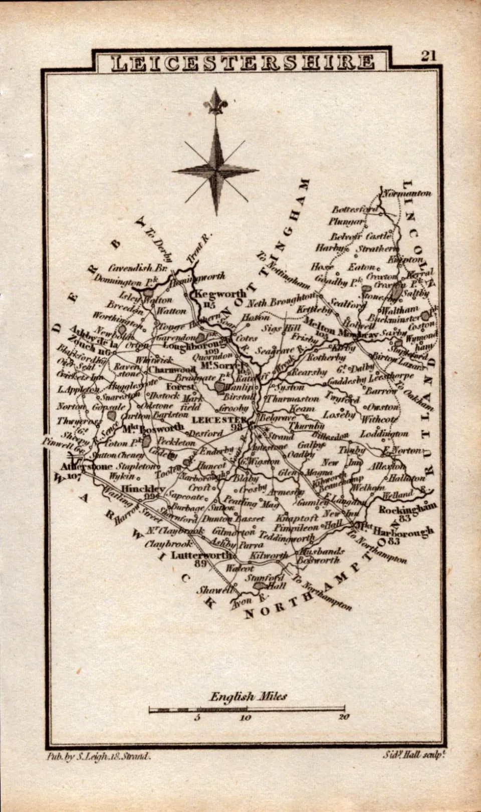Leicestershire Antique Copper Engraved Map by Sidney Hall.